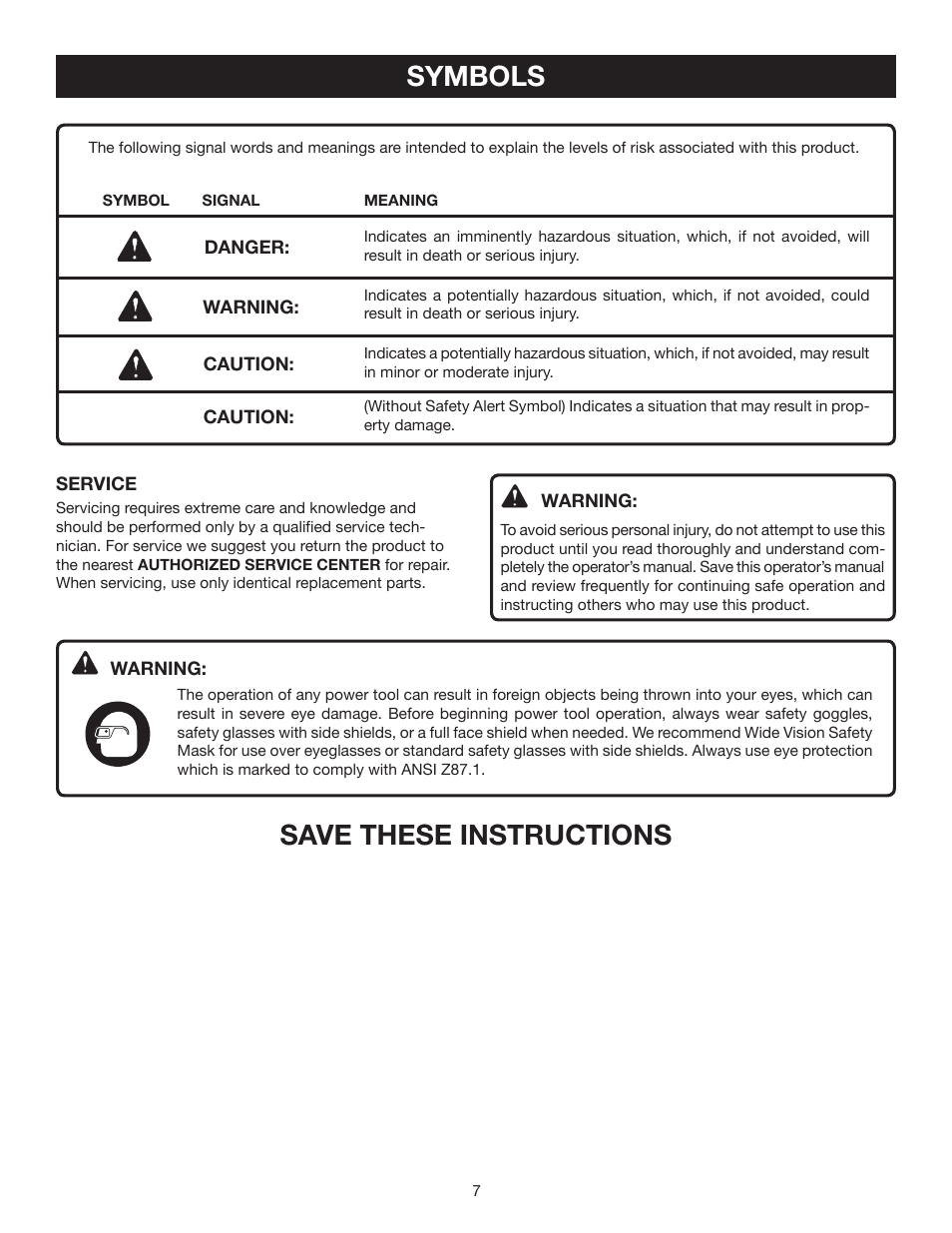 Symbols, Save these instructions | Ryobi P211 User Manual | Page 7 / 22