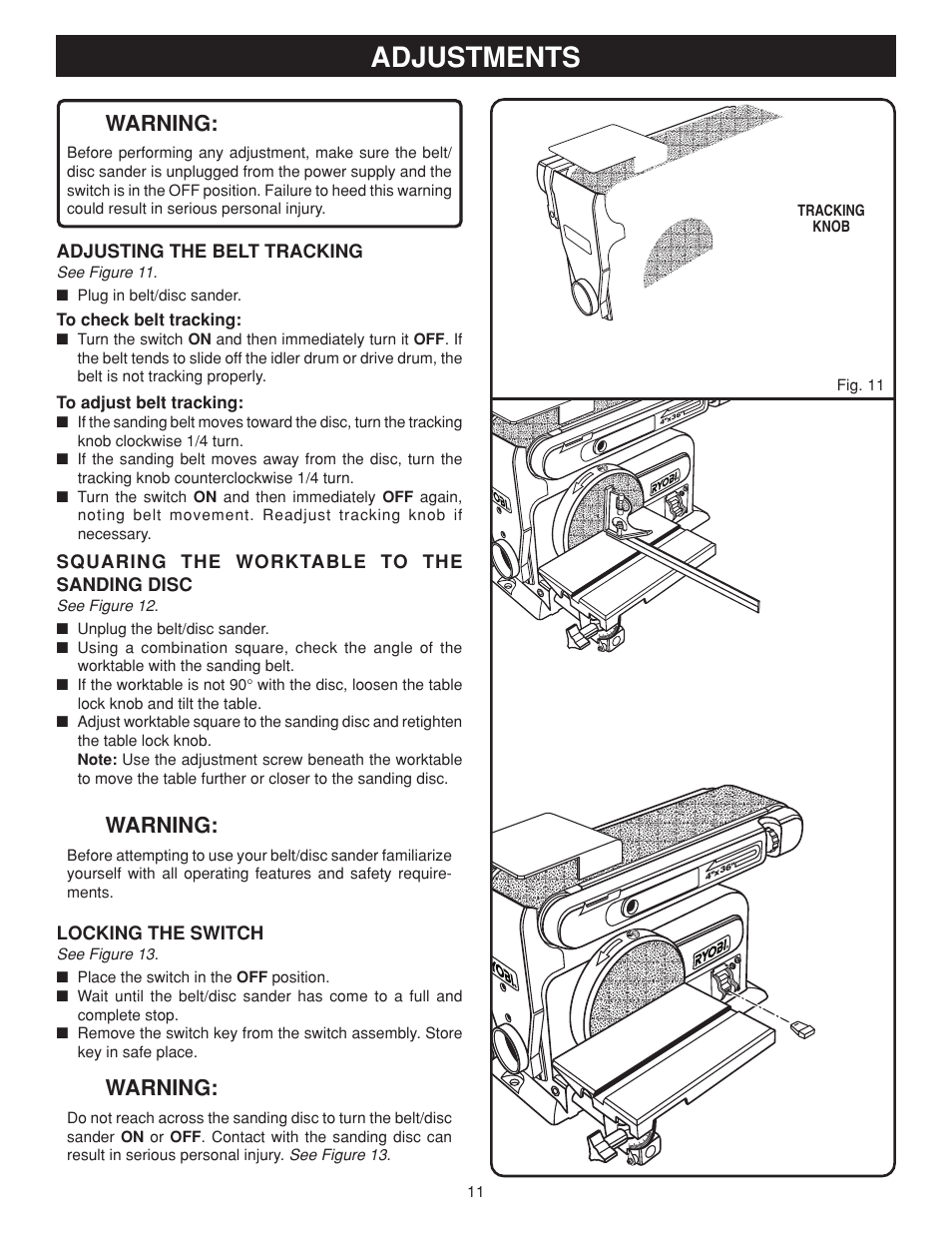 Adjustments, Warning | Ryobi BD4600 User Manual | Page 11 / 16
