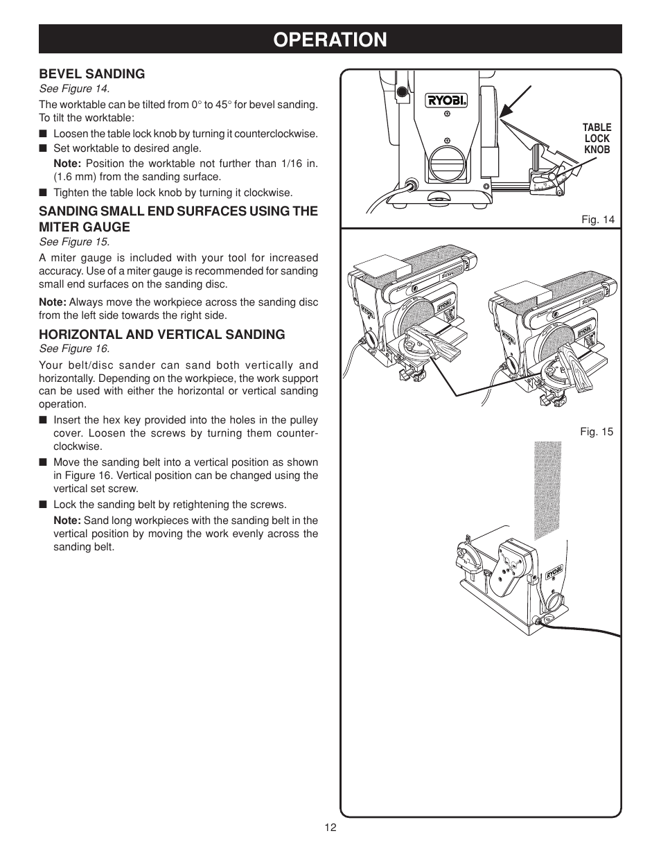 Operation, Bevel sanding, Sanding small end surfaces using the miter gauge | Horizontal and vertical sanding | Ryobi BD4600 User Manual | Page 12 / 16