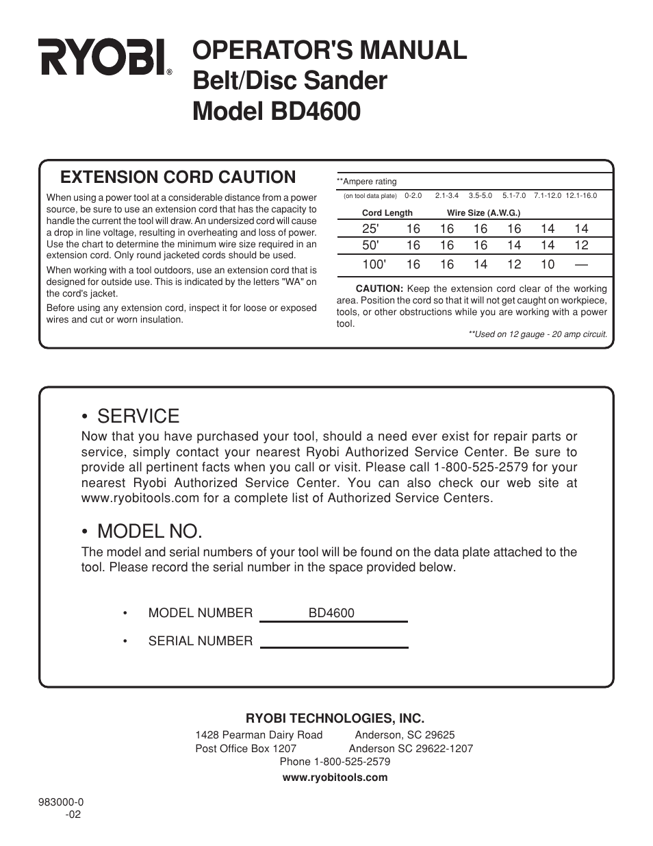 Operator's manual belt/disc sander model bd4600, Service, Model no | Extension cord caution | Ryobi BD4600 User Manual | Page 16 / 16