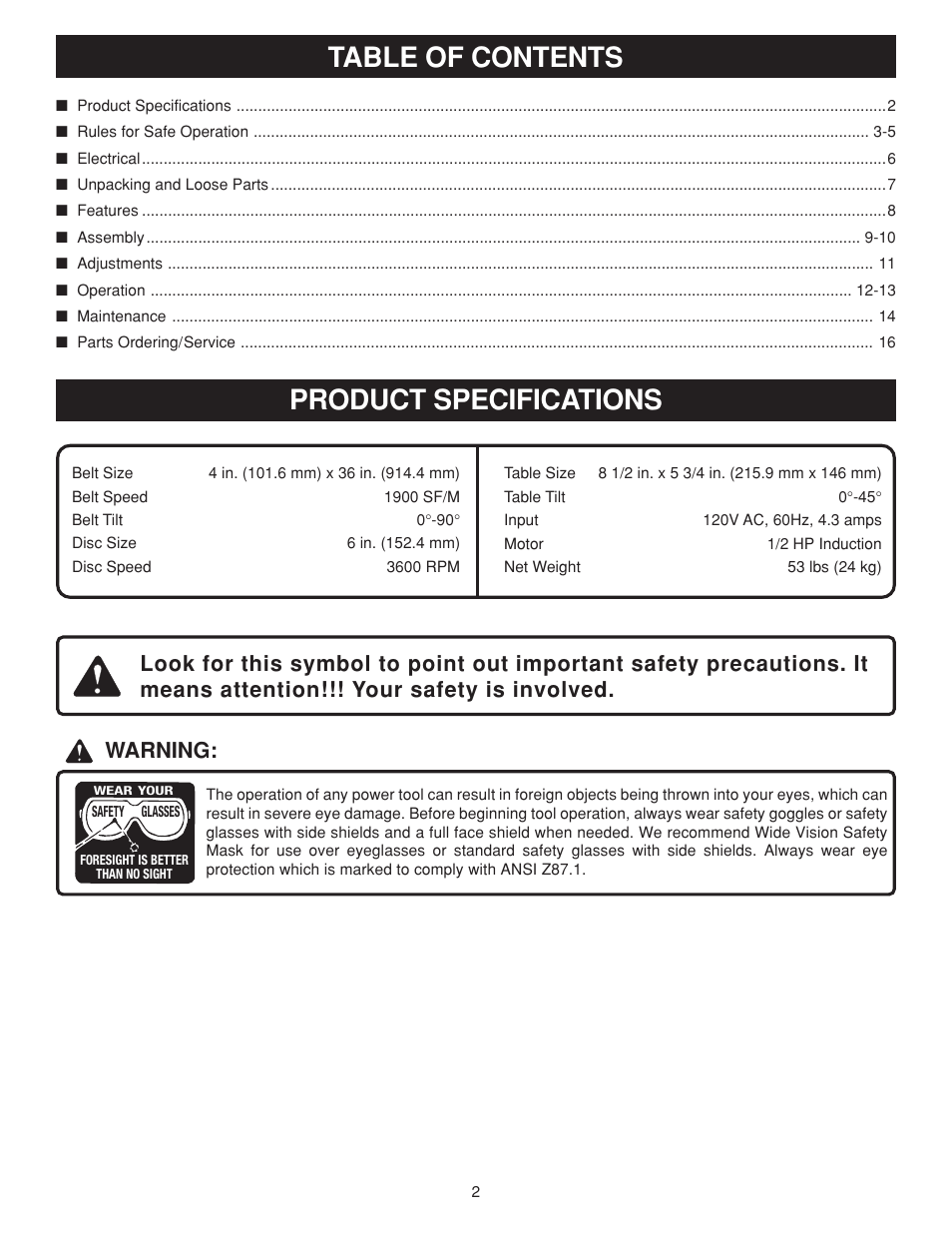 Table of contents product specifications, Warning | Ryobi BD4600 User Manual | Page 2 / 16