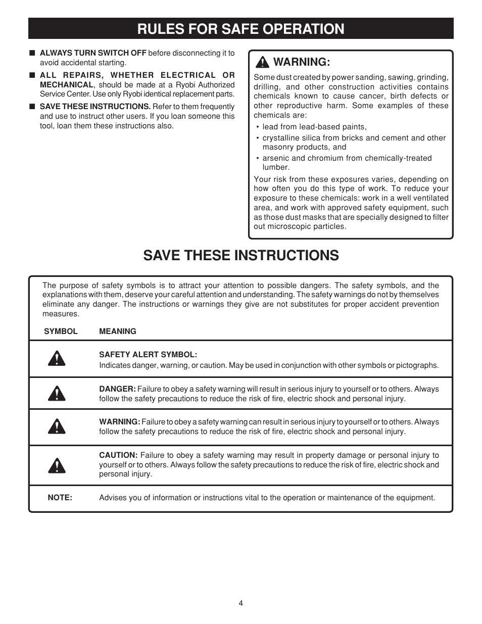 Rules for safe operation save these instructions, Warning | Ryobi BD4600 User Manual | Page 4 / 16