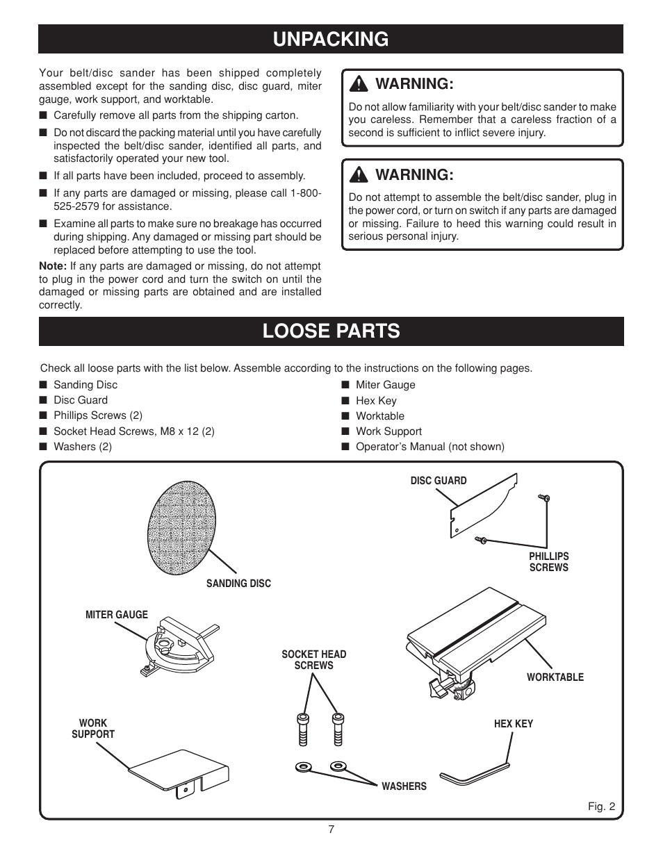 Unpacking, Loose parts, Warning | Ryobi BD4600 User Manual | Page 7 / 16