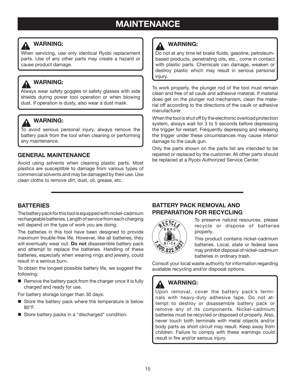 Maintenance | Ryobi P310 User Manual | Page 15 / 16