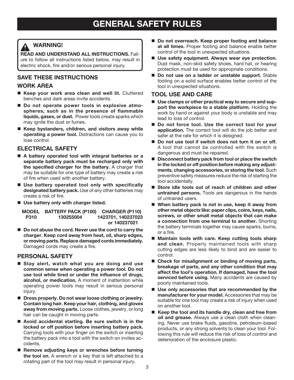 General safety rules | Ryobi P310 User Manual | Page 3 / 16