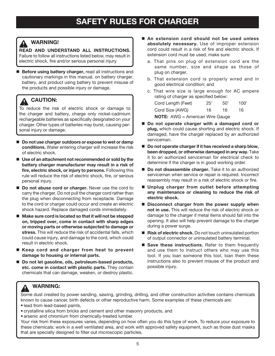 Safety rules for charger | Ryobi P310 User Manual | Page 5 / 16