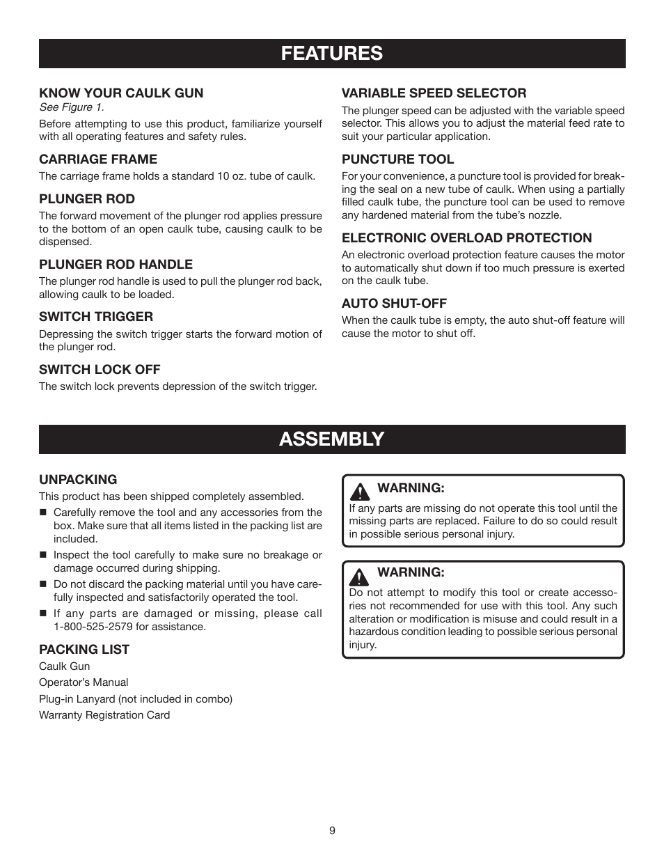 Features, Assembly | Ryobi P310 User Manual | Page 9 / 16