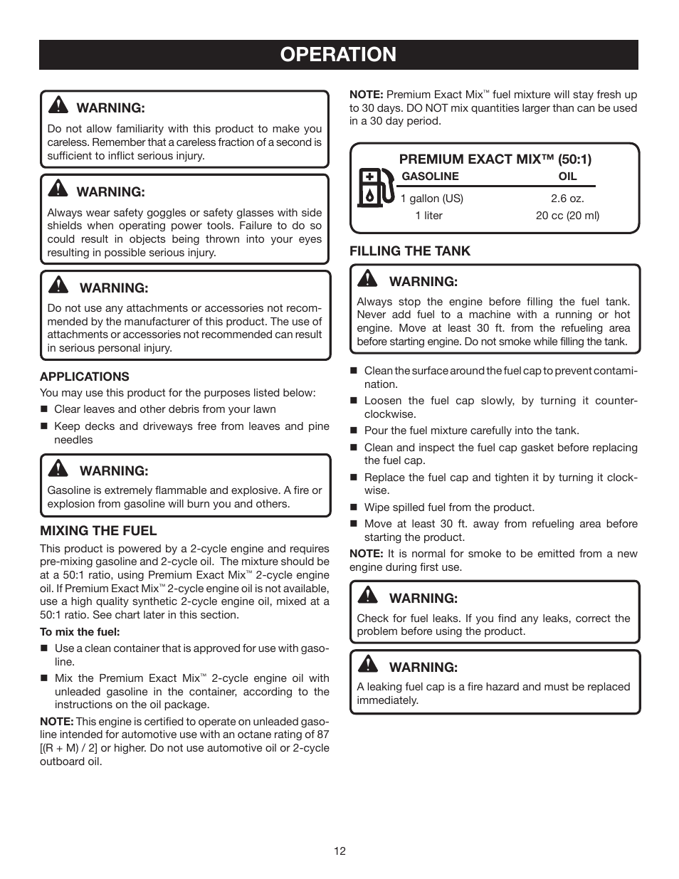 Operation | Ryobi RY09905 User Manual | Page 12 / 22