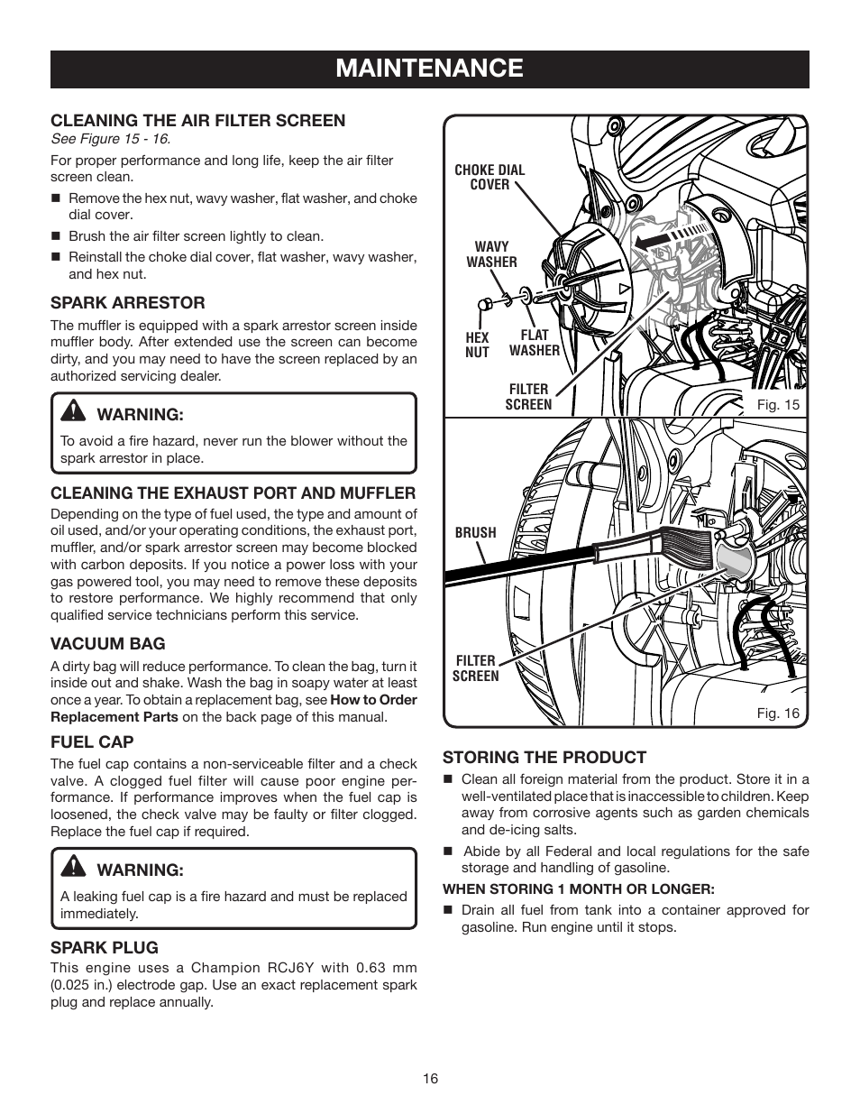 Maintenance | Ryobi RY09905 User Manual | Page 16 / 22