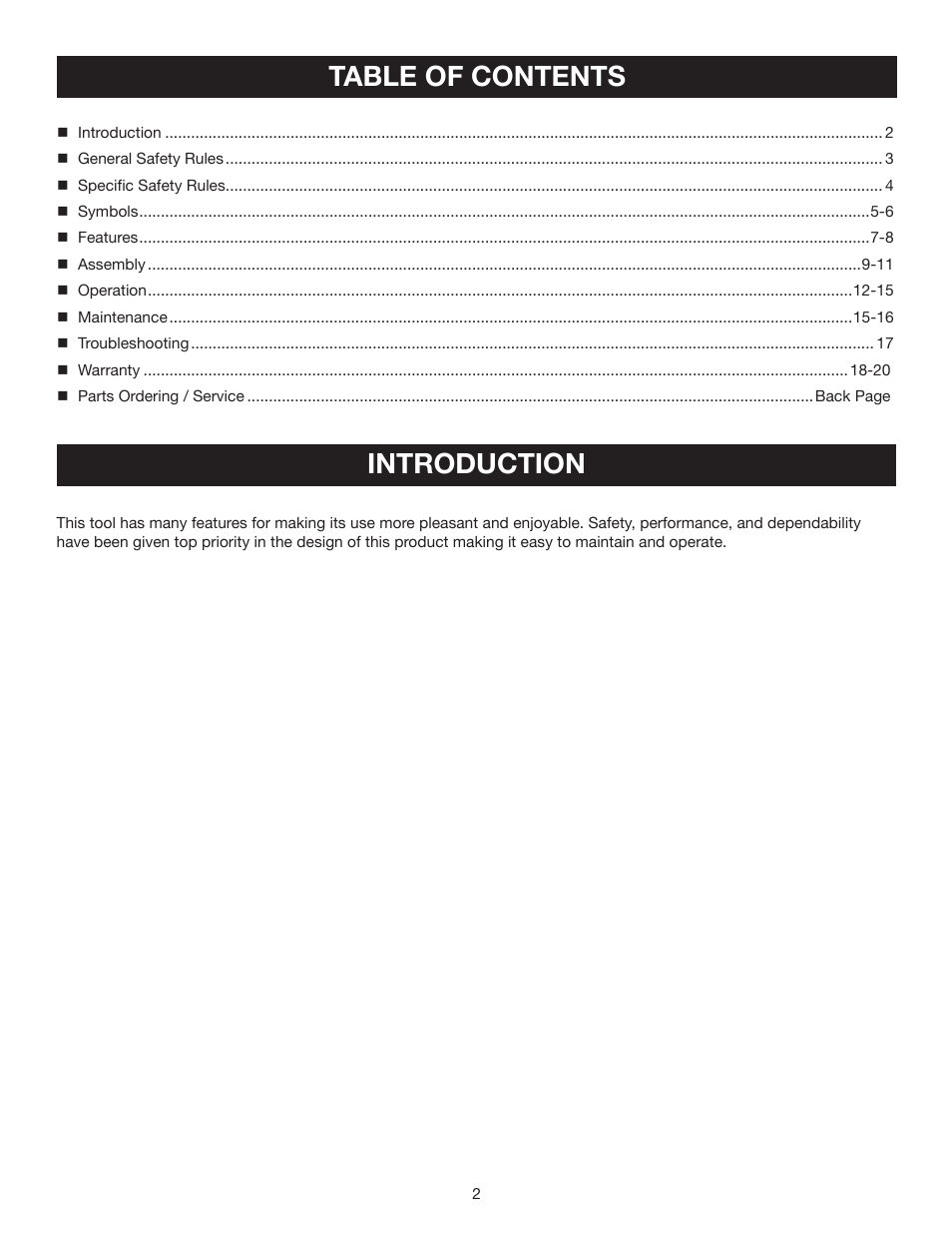 Table of contents introduction | Ryobi RY09905 User Manual | Page 2 / 22