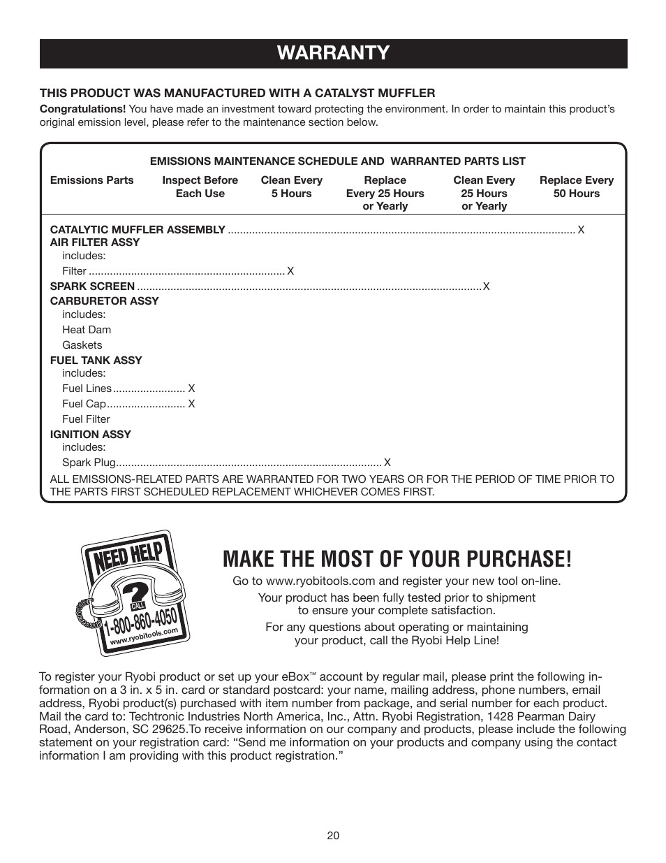 Make the most of your purchase, Warranty | Ryobi RY09905 User Manual | Page 20 / 22