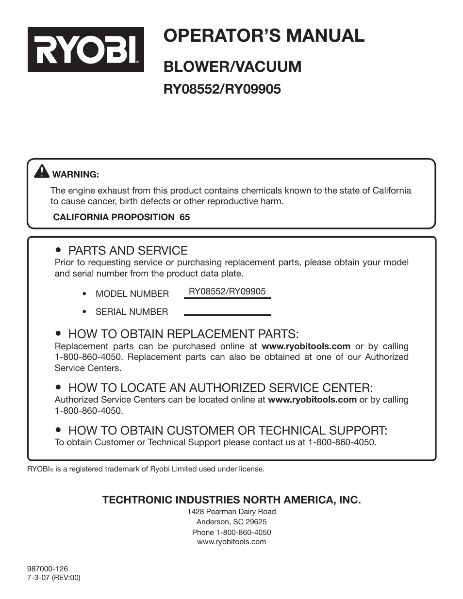 Operator’s manual, Blower/vacuum, Parts and service | How to obtain replacement parts, How to locate an authorized service center, How to obtain customer or technical support | Ryobi RY09905 User Manual | Page 22 / 22