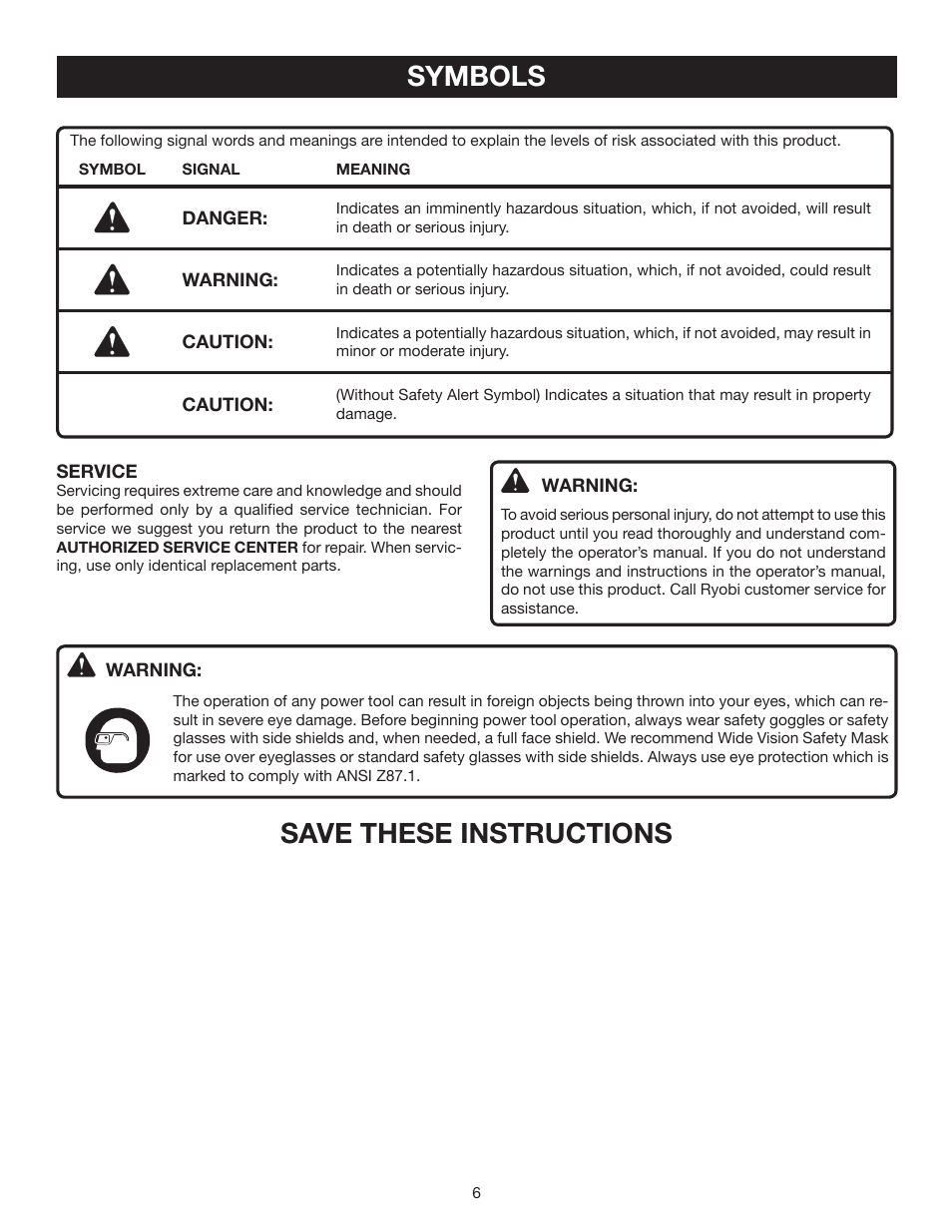 Symbols, Save these instructions | Ryobi RY09905 User Manual | Page 6 / 22