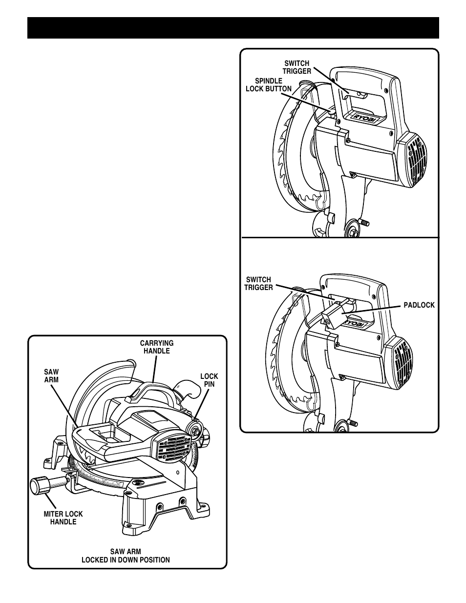 Features, Carrying handle, Miter lock handle | Spindle lock button, Trigger lock | Ryobi TS1350 User Manual | Page 10 / 28