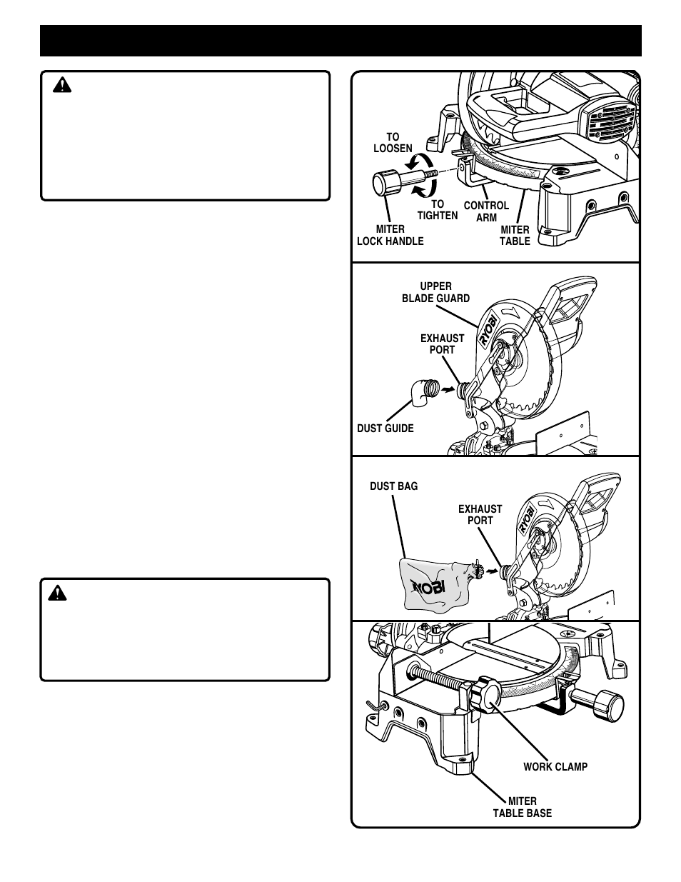 Assembly, Warning, Miter lock handle | Dust guide, Dust bag, Work clamp, Page 12, Dust bag exhaust port fig. 9 | Ryobi TS1350 User Manual | Page 12 / 28