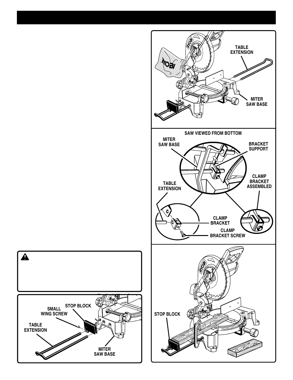 Assembly, Warning, Table extensions | Stop block | Ryobi TS1350 User Manual | Page 13 / 28