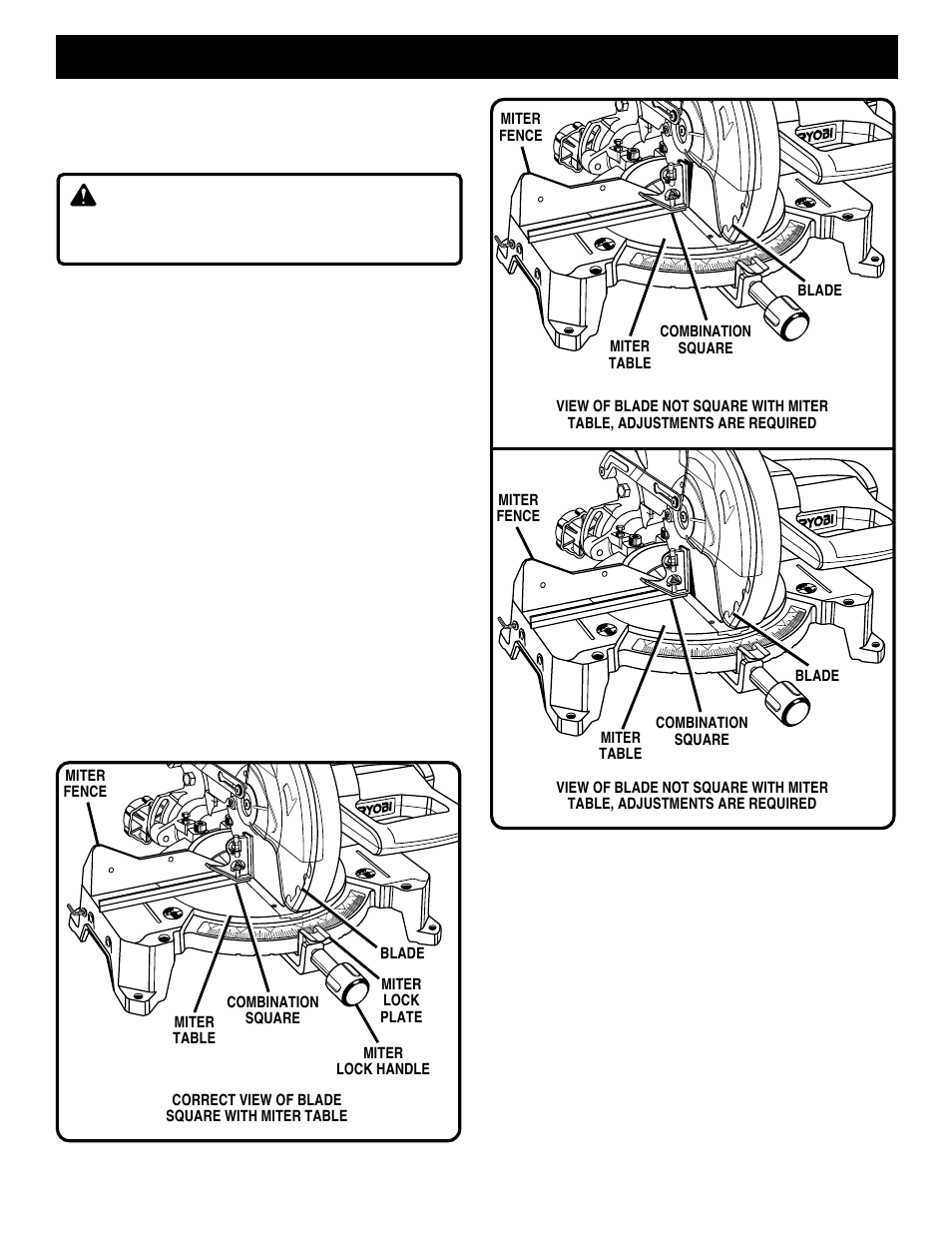 Adjustments, Warning, Squaring the blade to the miter table | Ryobi TS1350 User Manual | Page 18 / 28