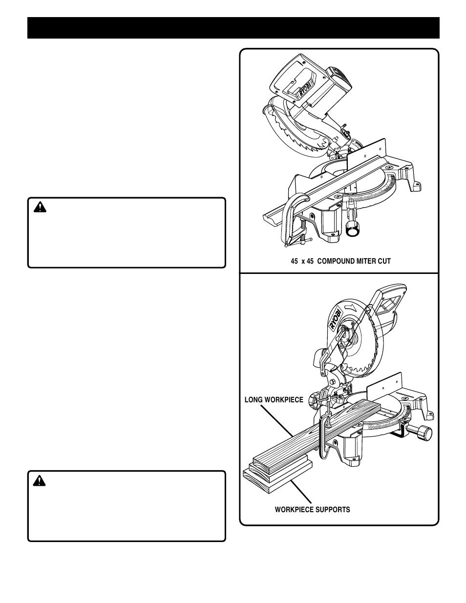 Operation, Warning, Support long workpieces | Ryobi TS1350 User Manual | Page 23 / 28