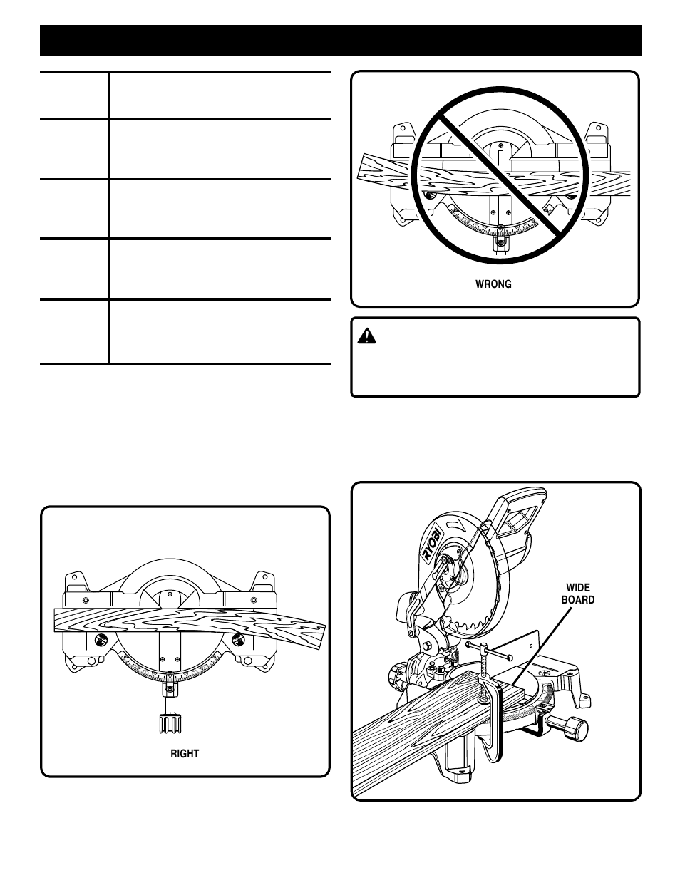 Operation, Warning, Clamping wide workpieces | Cutting warped material, Page 26 wrong, Save right end of cut 33.85, Fig. 38, Fig. 37 | Ryobi TS1350 User Manual | Page 26 / 28