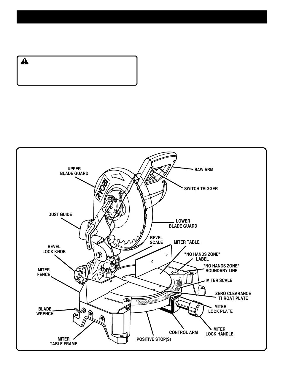 Features, Warning, Know your compound miter saw | 15 amp motor, 10 in. blade, Cutting capacities | Ryobi TS1350 User Manual | Page 9 / 28