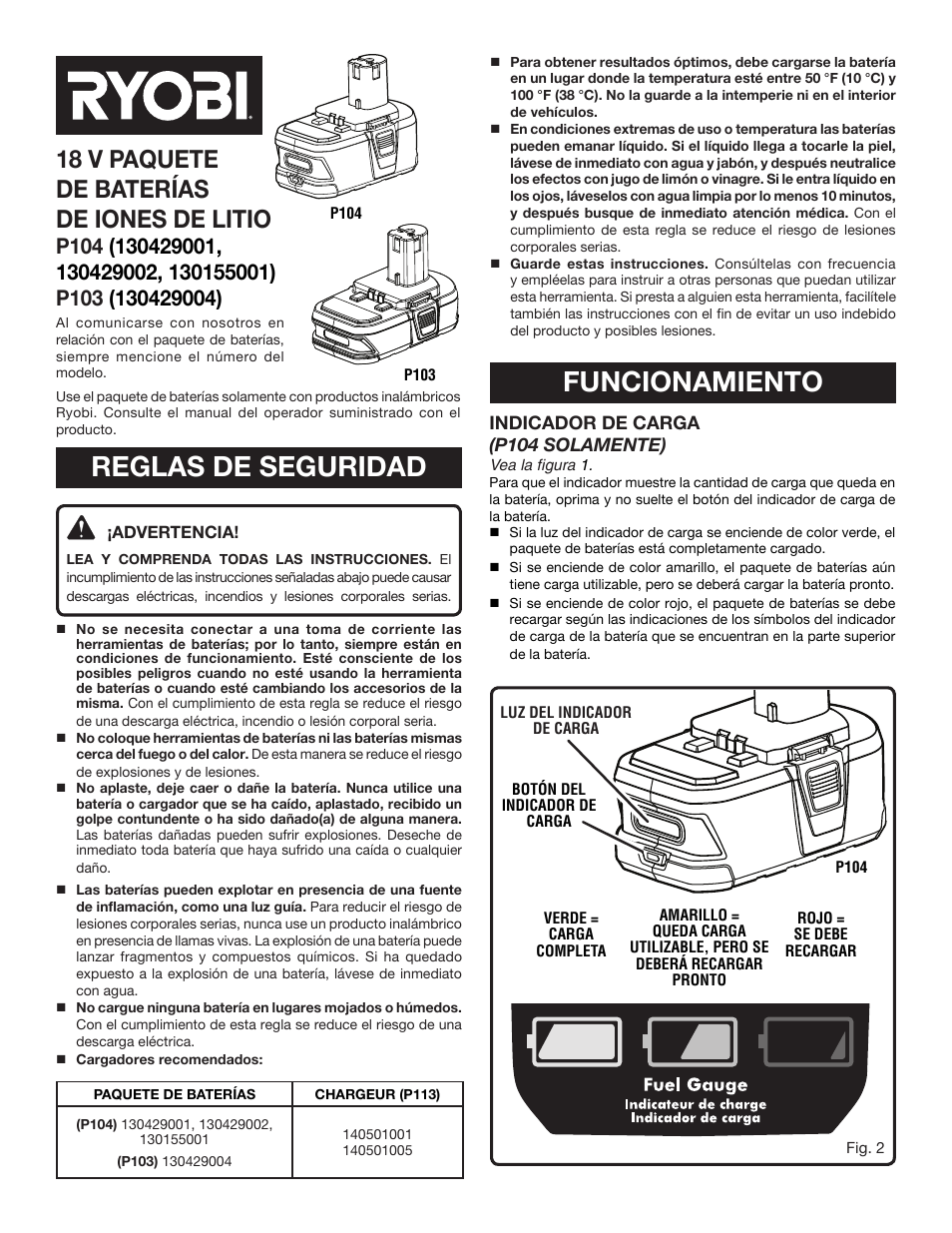 Reglas de seguridad, Funcionamiento, 18 v paquete de baterías de iones de litio | Ryobi 130155001 User Manual | Page 5 / 6