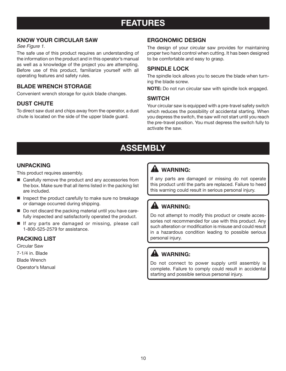 Features, Assembly | Ryobi 7-1/4 in. CIRCULAR SAW DOUBLE INSULATED CSB123 User Manual | Page 10 / 22