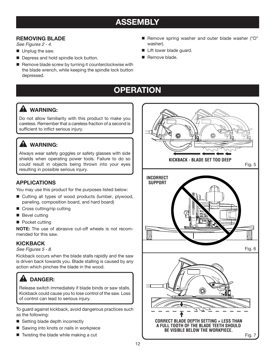 Assembly, Operation | Ryobi 7-1/4 in. CIRCULAR SAW DOUBLE INSULATED CSB123 User Manual | Page 12 / 22
