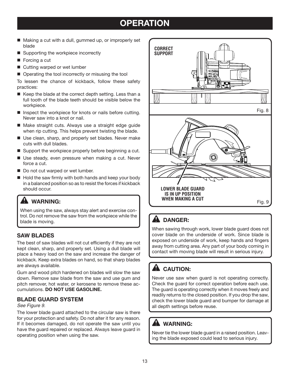Operation | Ryobi 7-1/4 in. CIRCULAR SAW DOUBLE INSULATED CSB123 User Manual | Page 13 / 22