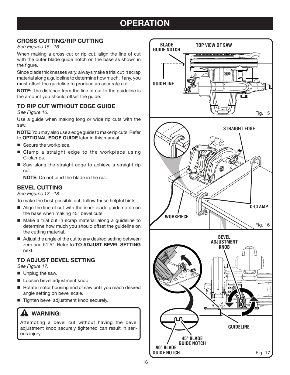 Operation | Ryobi 7-1/4 in. CIRCULAR SAW DOUBLE INSULATED CSB123 User Manual | Page 16 / 22