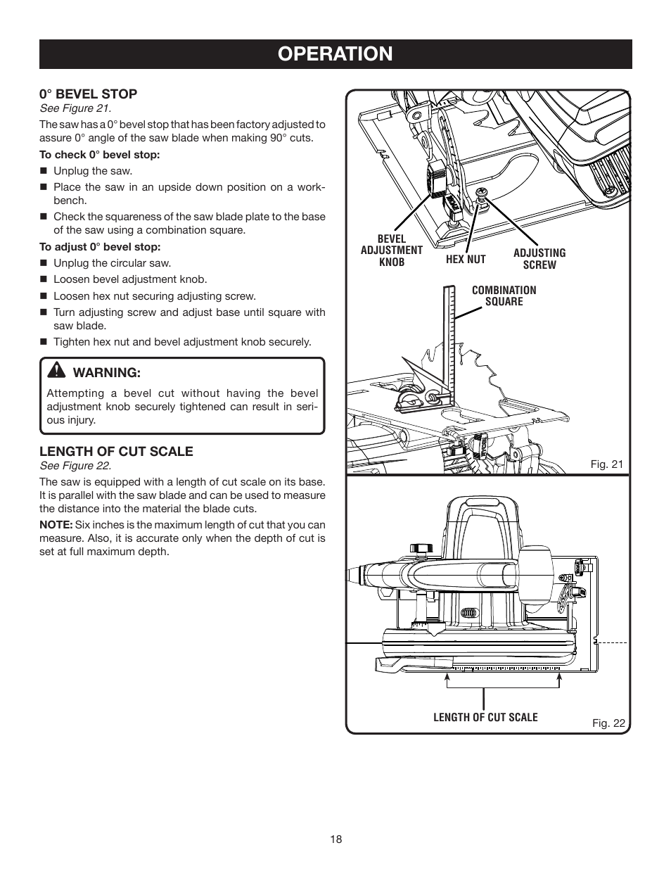 Operation | Ryobi 7-1/4 in. CIRCULAR SAW DOUBLE INSULATED CSB123 User Manual | Page 18 / 22