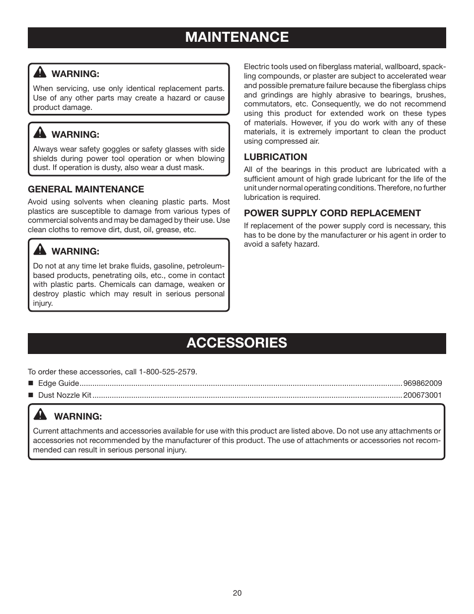 Maintenance, Accessories | Ryobi 7-1/4 in. CIRCULAR SAW DOUBLE INSULATED CSB123 User Manual | Page 20 / 22