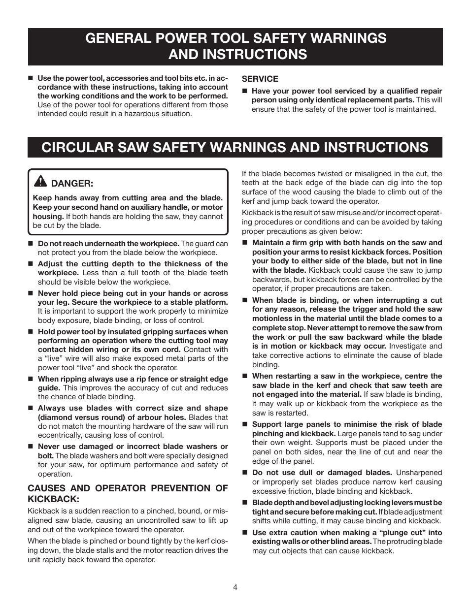 Circular saw safety warnings and instructions | Ryobi 7-1/4 in. CIRCULAR SAW DOUBLE INSULATED CSB123 User Manual | Page 4 / 22