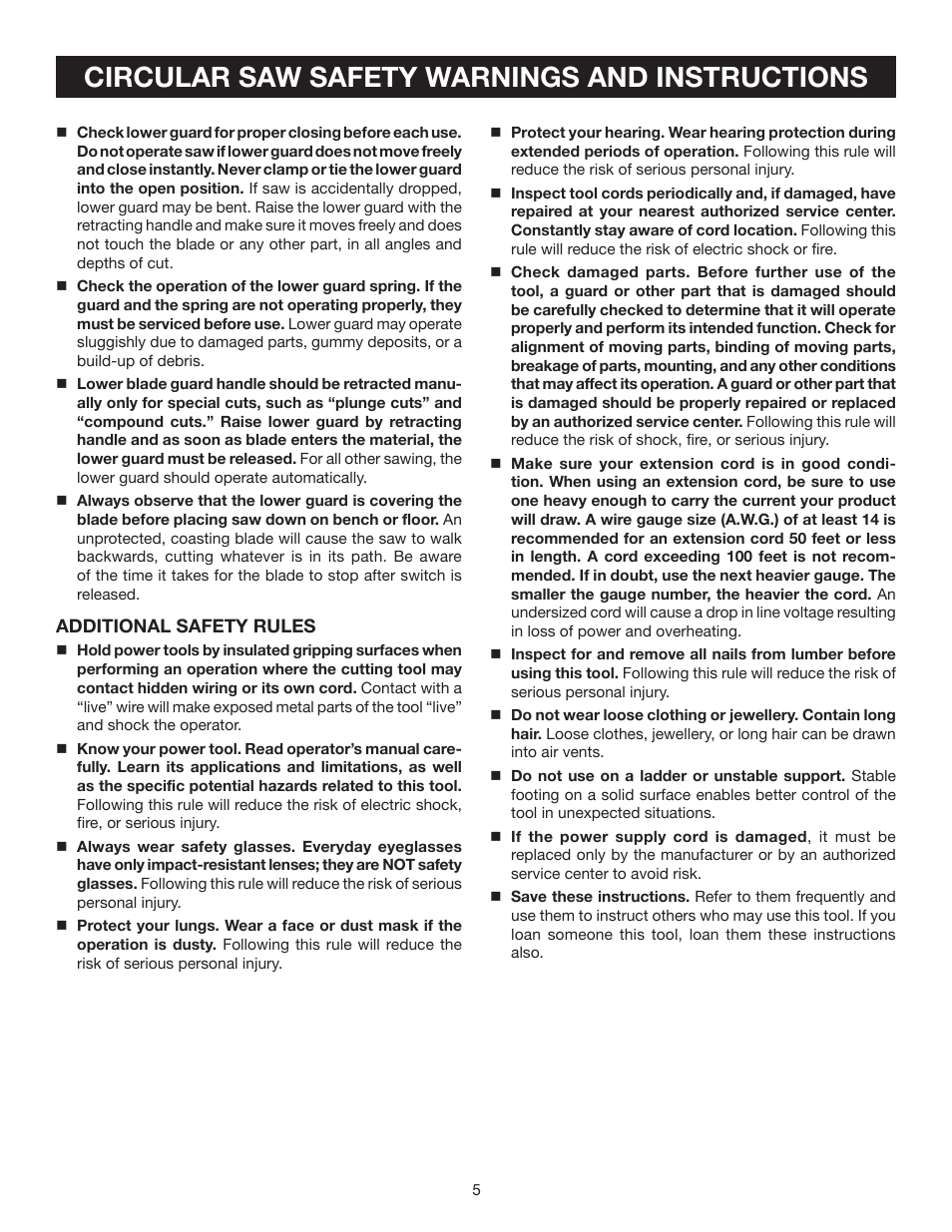 Circular saw safety warnings and instructions | Ryobi 7-1/4 in. CIRCULAR SAW DOUBLE INSULATED CSB123 User Manual | Page 5 / 22