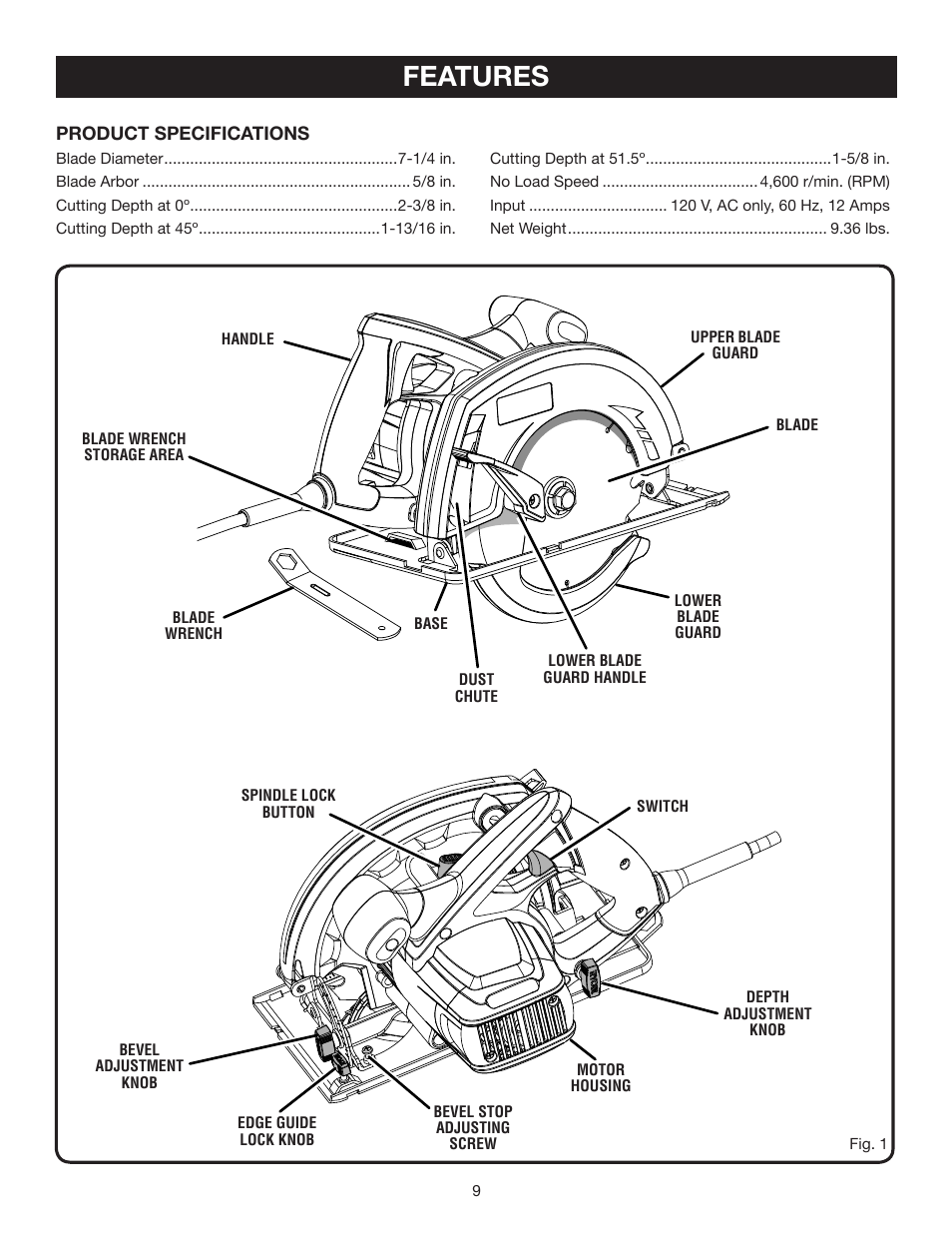 Features | Ryobi 7-1/4 in. CIRCULAR SAW DOUBLE INSULATED CSB123 User Manual | Page 9 / 22