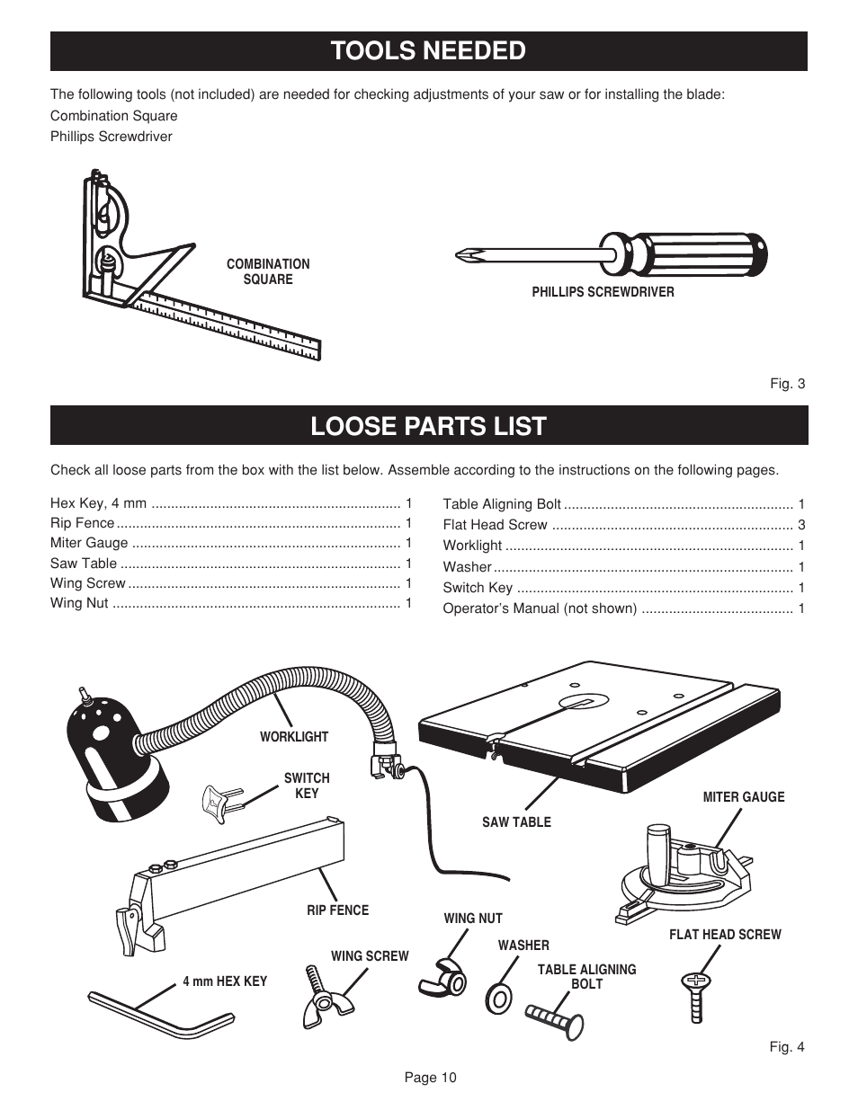 Tools needed, Loose parts list | Ryobi BAND SAW User Manual | Page 10 / 24