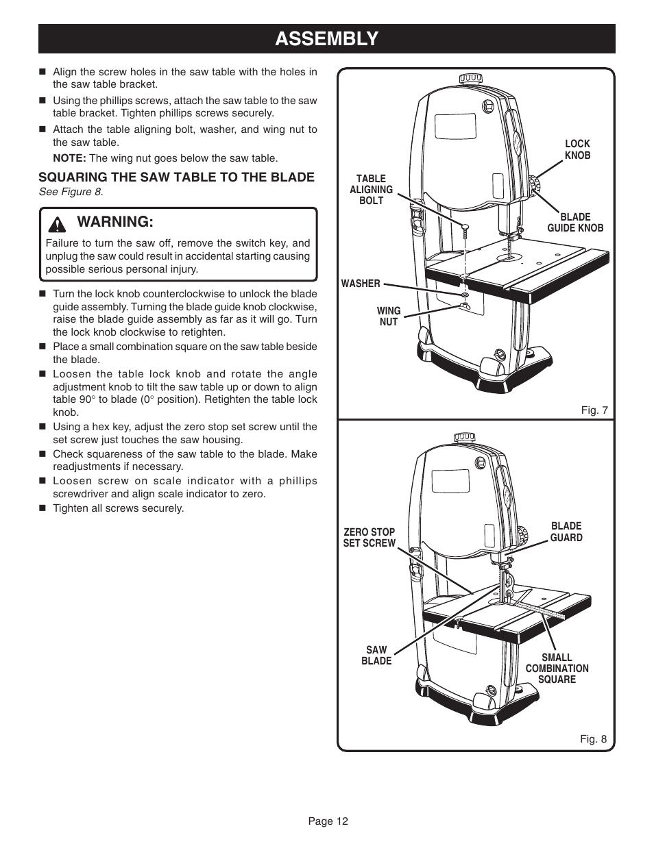 Assembly, Warning | Ryobi BAND SAW User Manual | Page 12 / 24