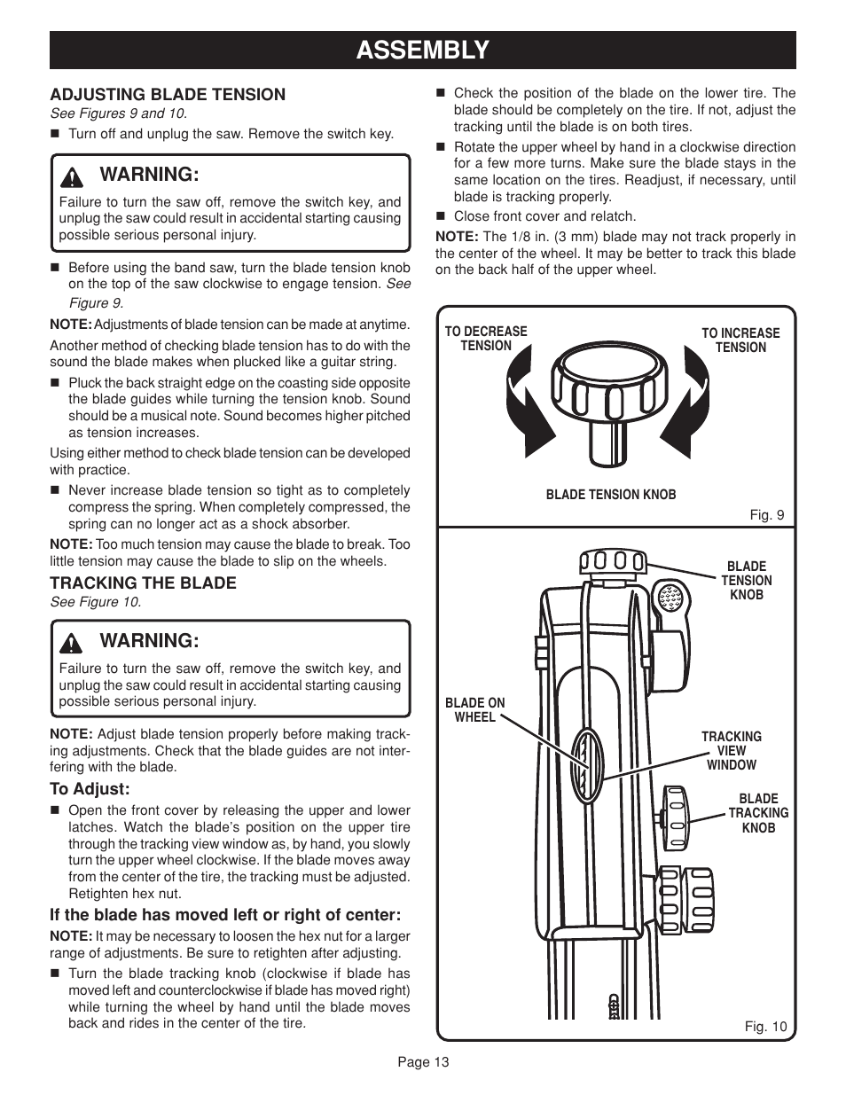 Assembly, Warning | Ryobi BAND SAW User Manual | Page 13 / 24