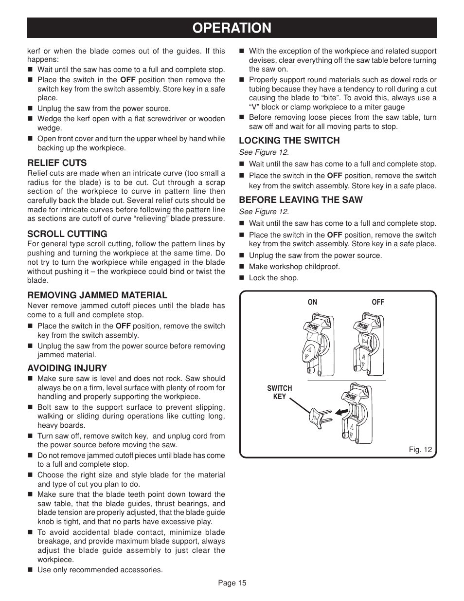 Operation | Ryobi BAND SAW User Manual | Page 15 / 24