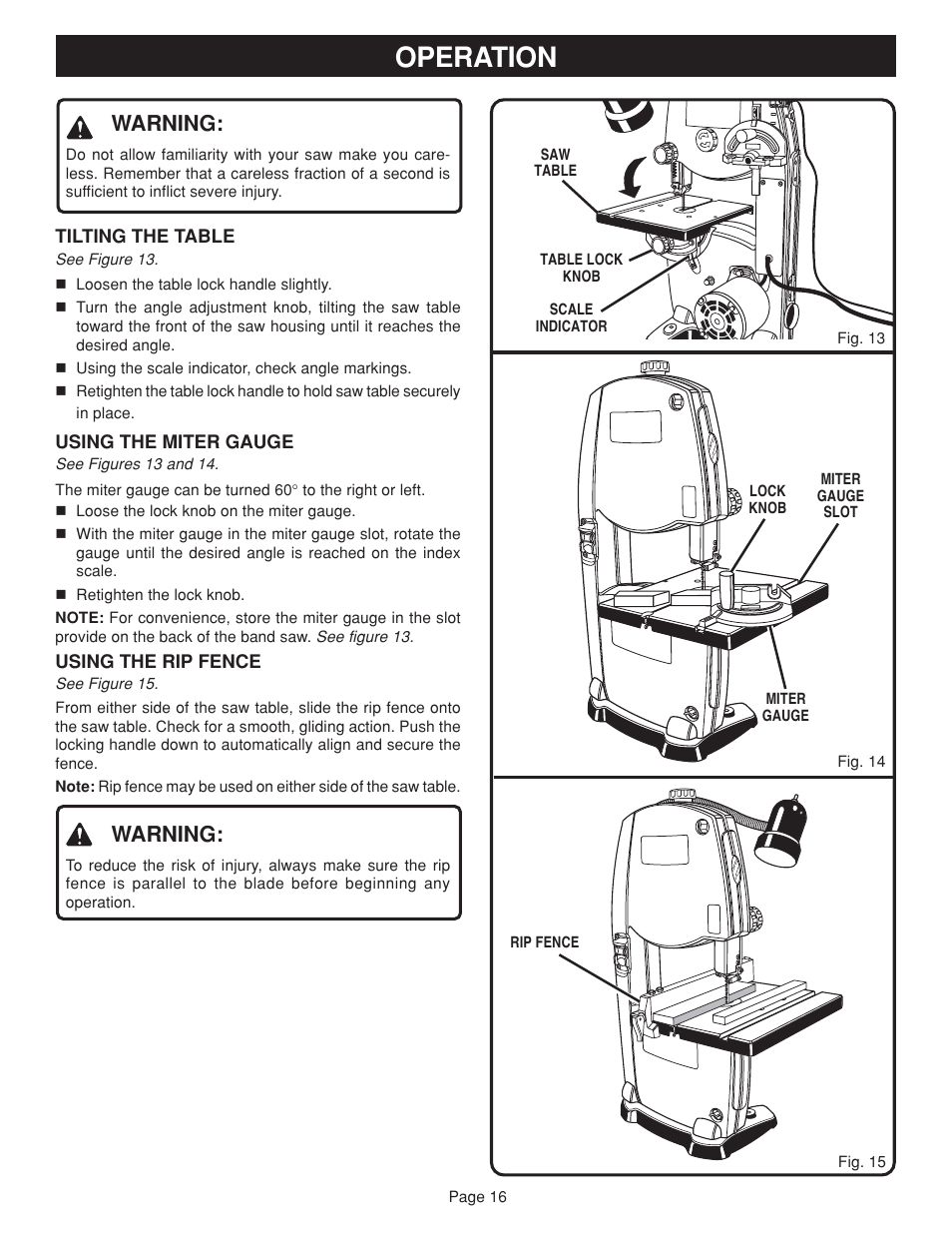 Operation, Warning | Ryobi BAND SAW User Manual | Page 16 / 24