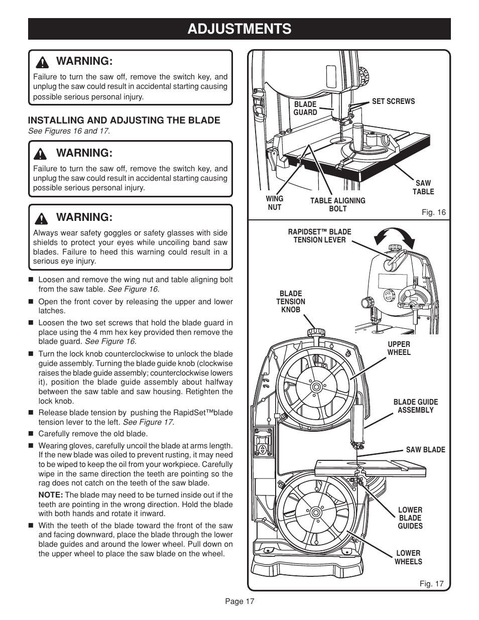 Adjustments, Warning | Ryobi BAND SAW User Manual | Page 17 / 24