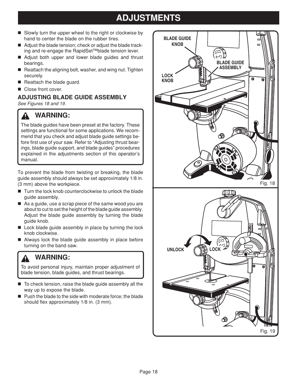 Adjustments, Warning | Ryobi BAND SAW User Manual | Page 18 / 24