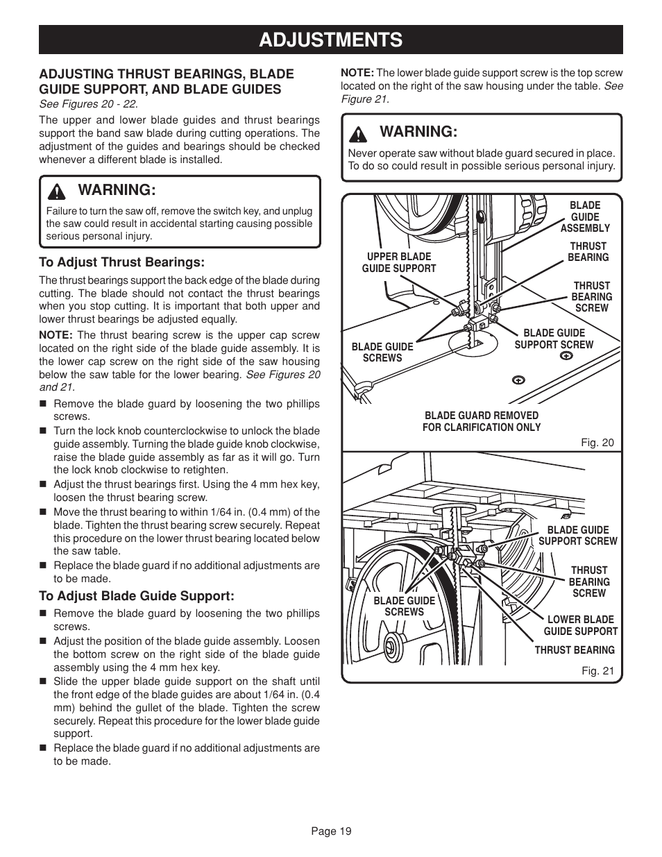 Adjustments, Warning | Ryobi BAND SAW User Manual | Page 19 / 24