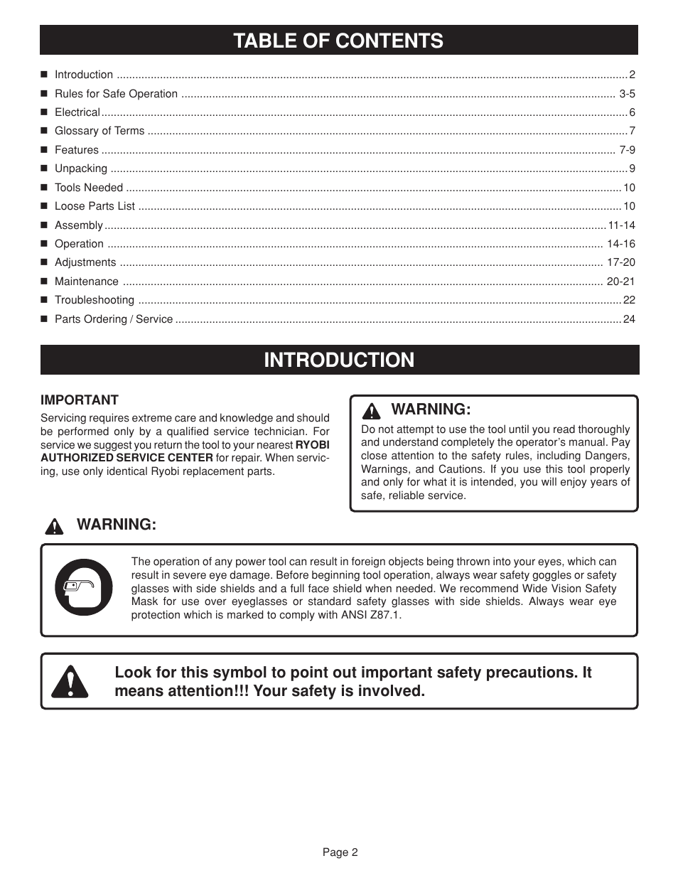Table of contents introduction, Warning | Ryobi BAND SAW User Manual | Page 2 / 24