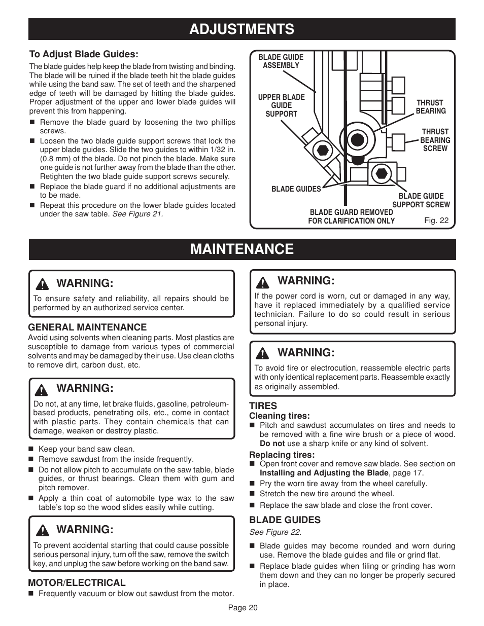 Maintenance, Adjustments, Warning | Ryobi BAND SAW User Manual | Page 20 / 24