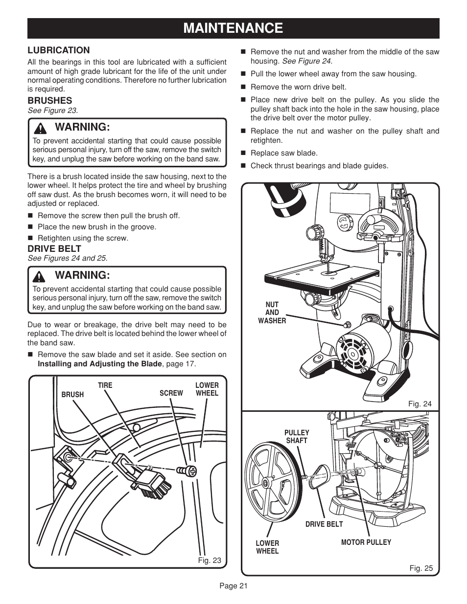 Maintenance, Warning | Ryobi BAND SAW User Manual | Page 21 / 24