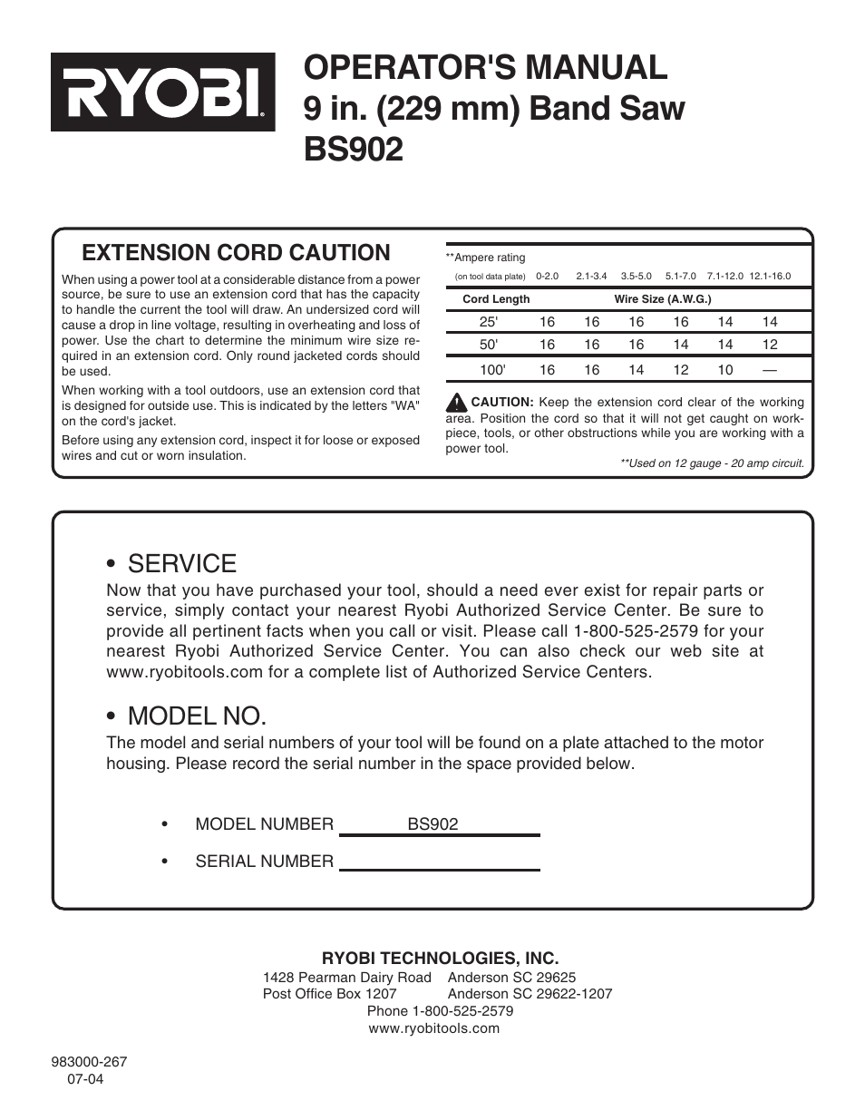 Service, Model no, Extension cord caution | Ryobi BAND SAW User Manual | Page 24 / 24