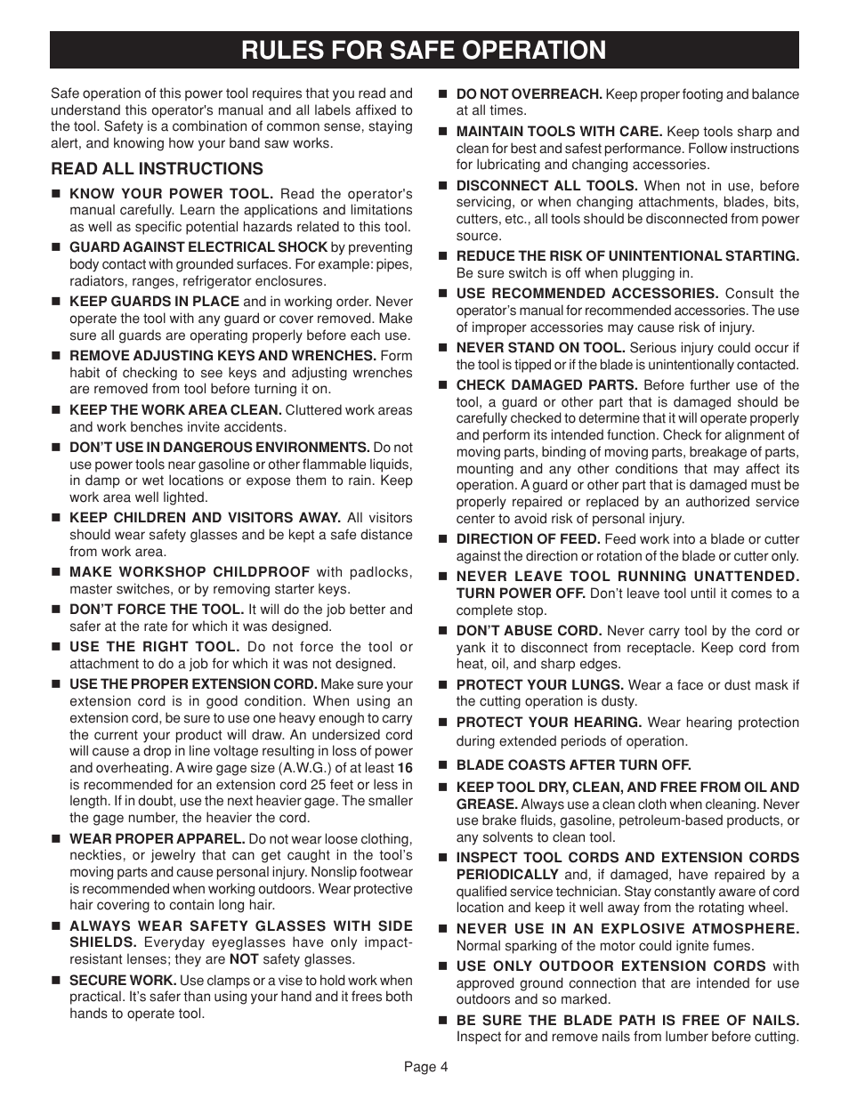 Rules for safe operation | Ryobi BAND SAW User Manual | Page 4 / 24