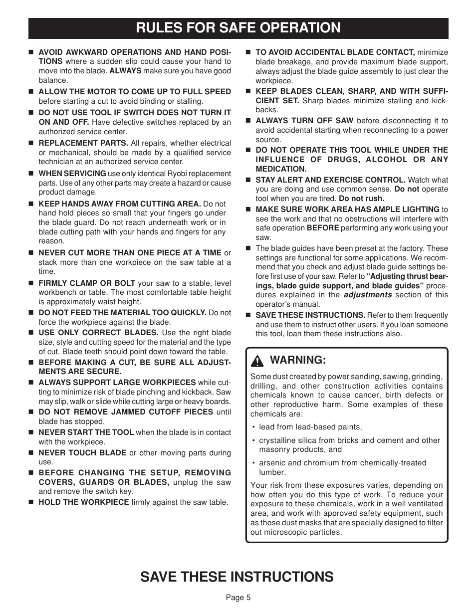 Rules for safe operation save these instructions, Warning | Ryobi BAND SAW User Manual | Page 5 / 24