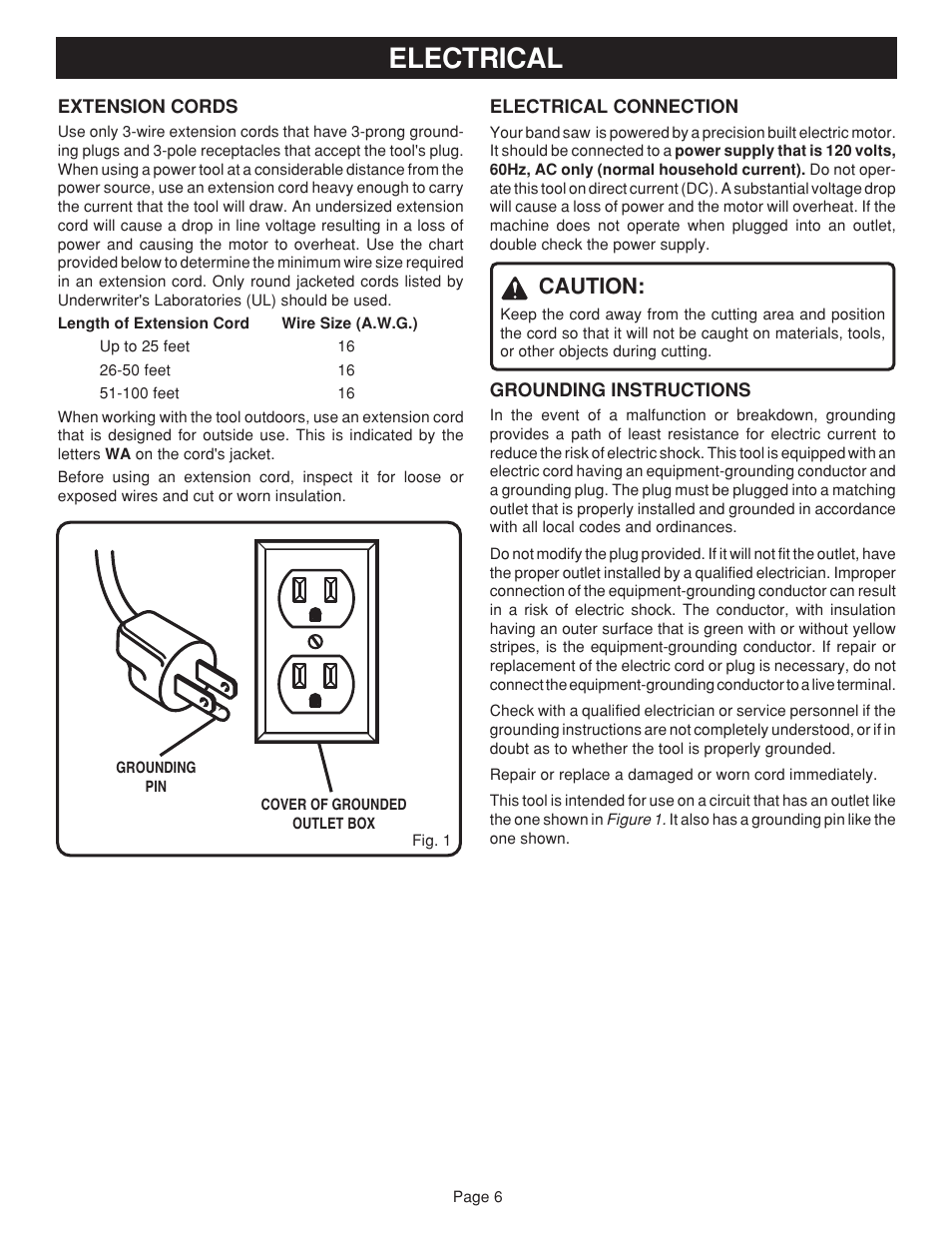 Electrical, Caution | Ryobi BAND SAW User Manual | Page 6 / 24