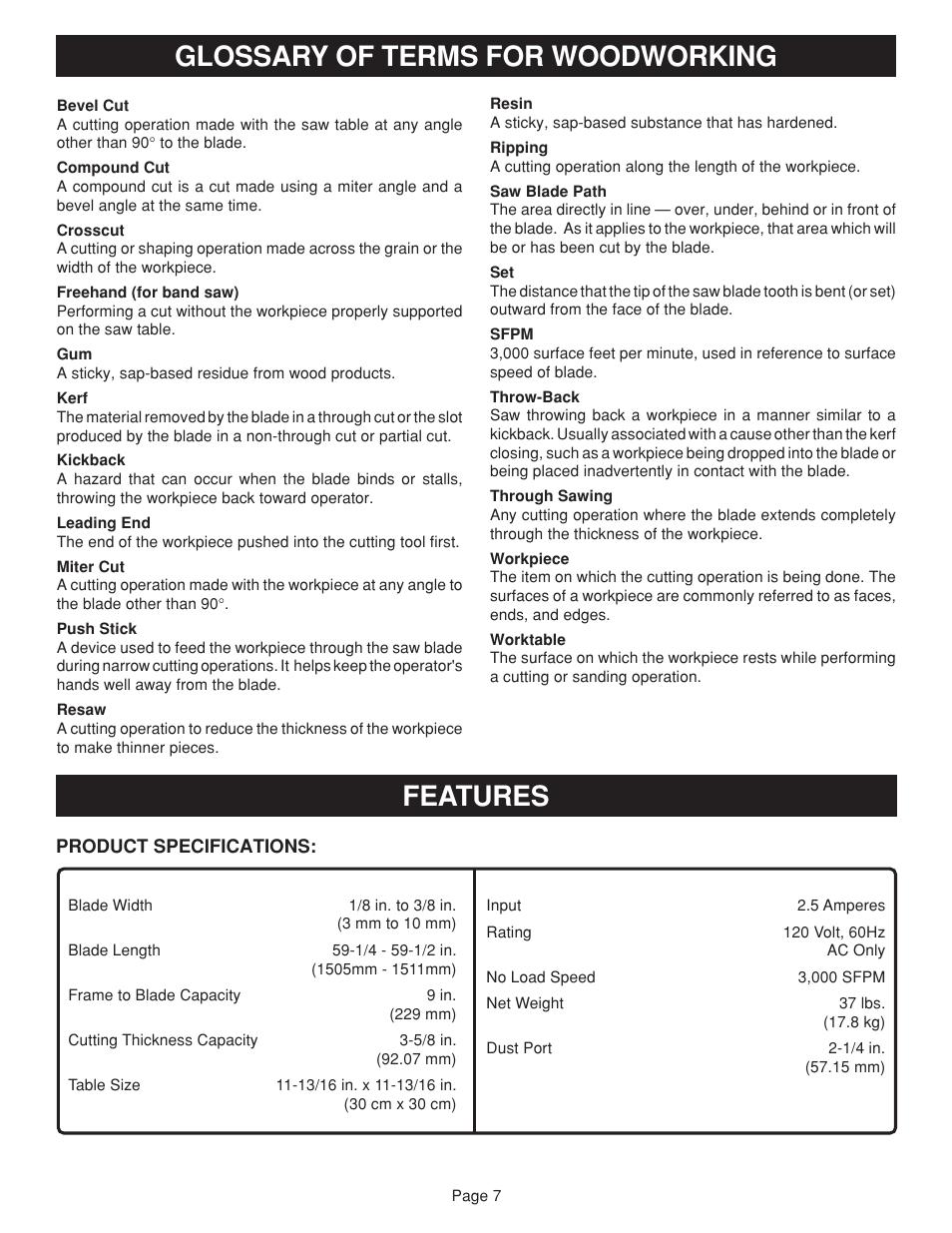 Glossary of terms for woodworking, Features | Ryobi BAND SAW User Manual | Page 7 / 24